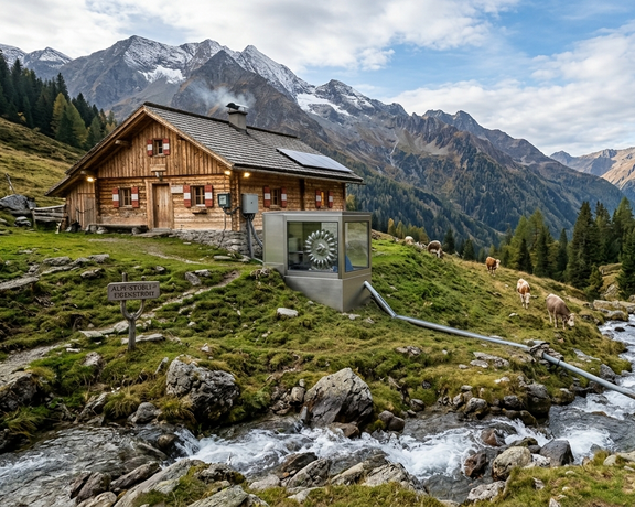 Berghütte in den Alpen mit Energiespeicher neben einem Bach und Weideflächen vor Bergkulisse.