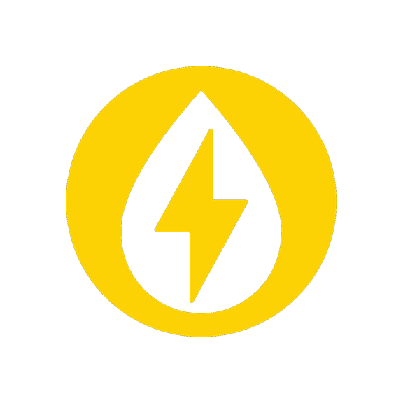 Gelbes Symbol mit Blitz in Tropfenform auf grauem Hintergrund.