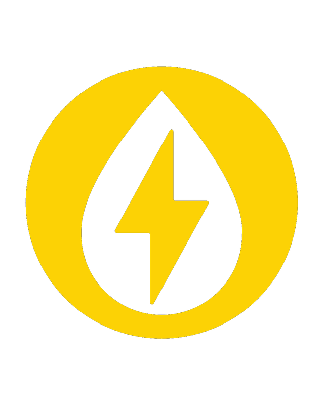 Gelbes Symbol mit Blitz in Tropfenform auf grauem Hintergrund.