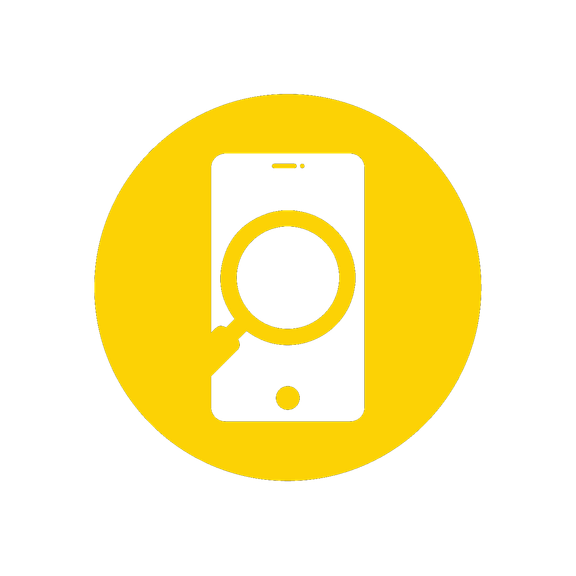 Grafisches Smartphone-Symbol mit Lupe auf gelbem Kreis vor grauem Hintergrund.