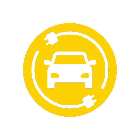 Grafisches Symbol eines Autos mit Steckern im Kreis für Elektromobilität und Ladelösungen.