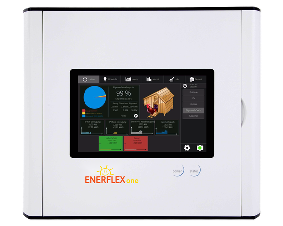 Weißer Stromspeicher mit integriertem Display zur Anzeige von Energieerzeugung, Verbrauch und Batteriestatus.