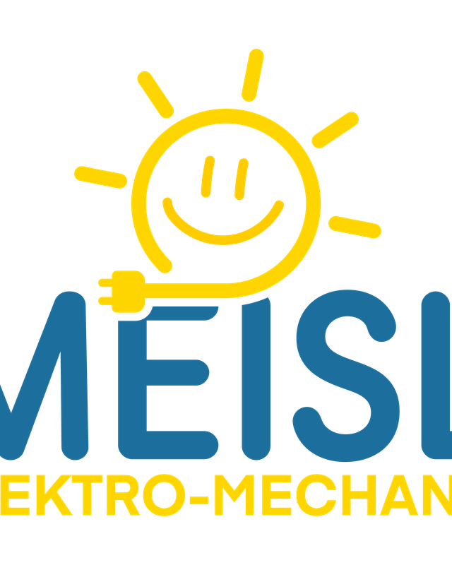Logo von MEISL Elektro-Mechanik mit gelber Sonne, Smiley und Stromkabel über blauem Schriftzug auf grauem Hintergrund.