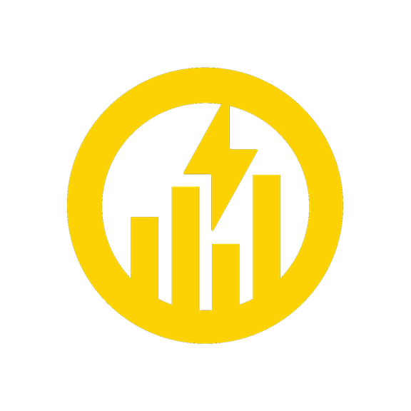 Gelbes Logo mit Blitzsymbol und Balkendiagramm in einem Kreis auf grauem Hintergrund.