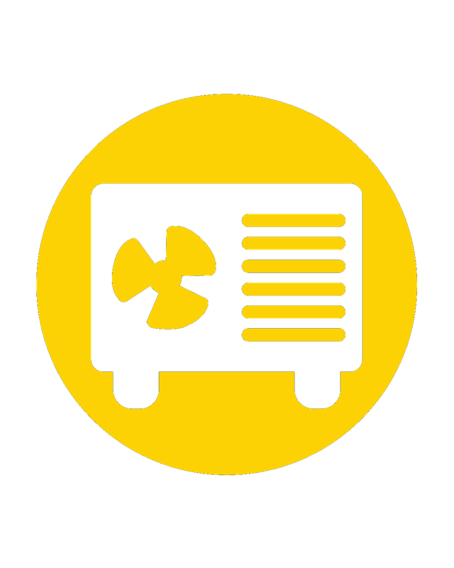 Graues Symbol eines Stromgenerators mit Ventilator und Lüftungsschlitzen auf gelbem Kreis.